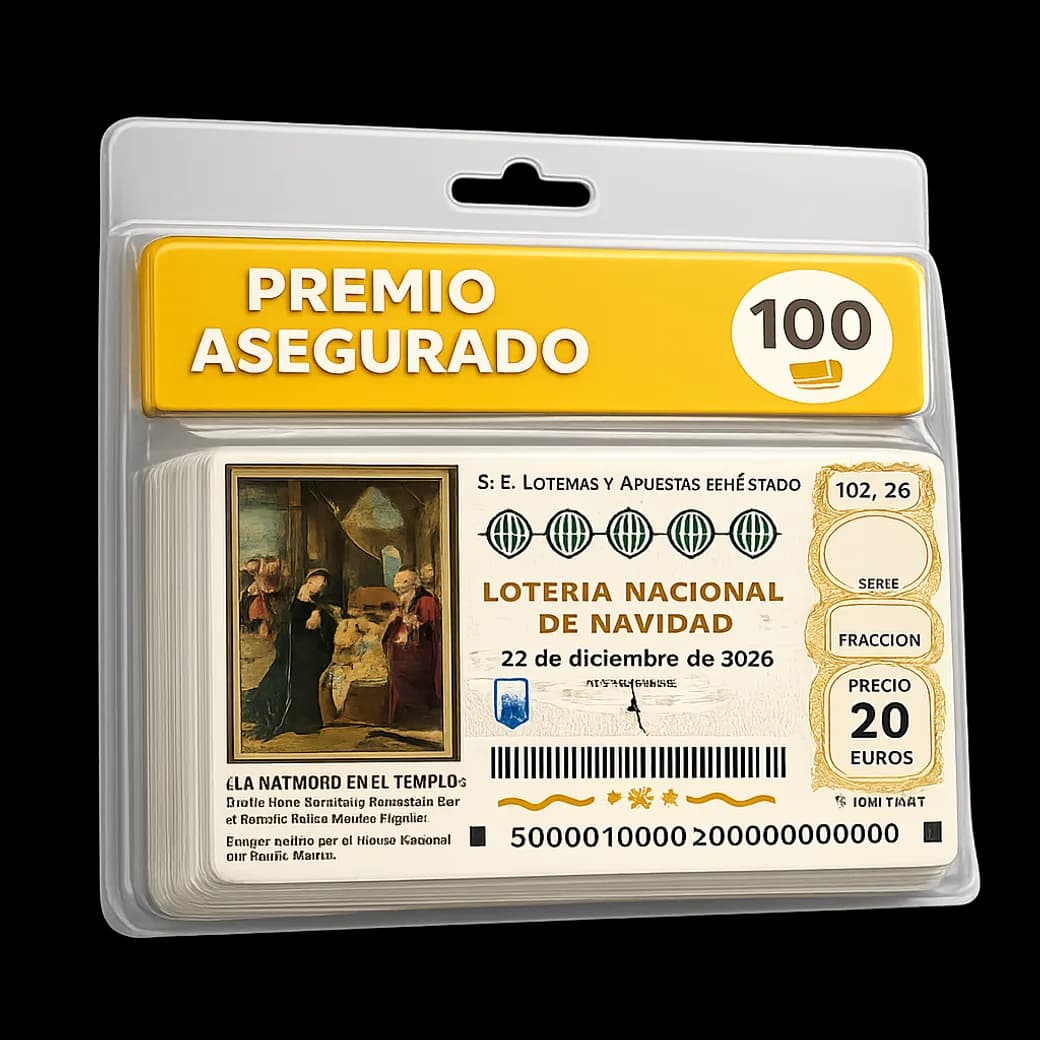 Pack of 100 décimos for the 2026 Lotería de Navidad with an assured prize, in a sealed blister